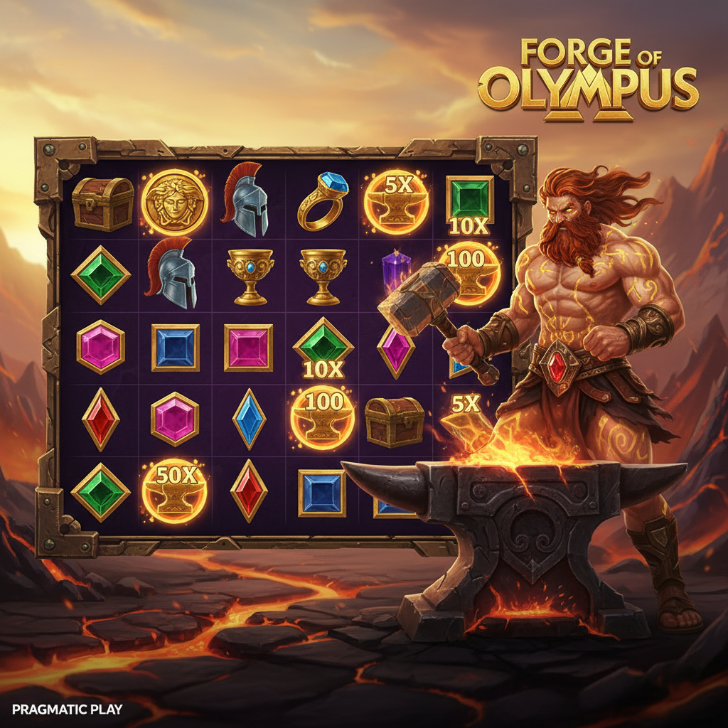 Forge of Olympus slot di Pragmatic Play con Efesto nella fucina divina, simboli moltiplicatori dorati, ambientazione vulcanica con lava incandescente e incudine sacra