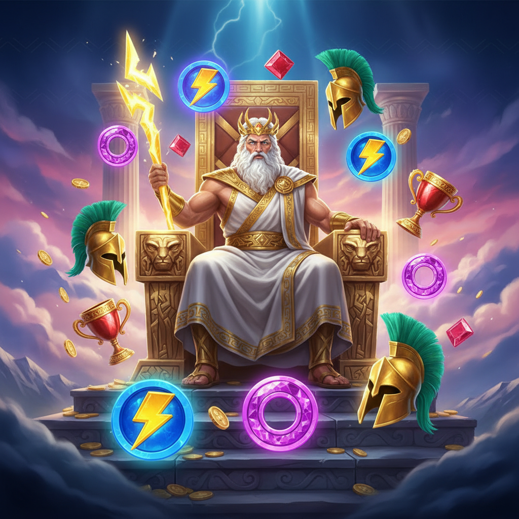 Fortune of Olympus - Zeus en su trono con rayos dorados, símbolos del juego incluyendo copa dorada, rayo eléctrico, gemas y casco espartano sobre fondo del Monte Olimpo