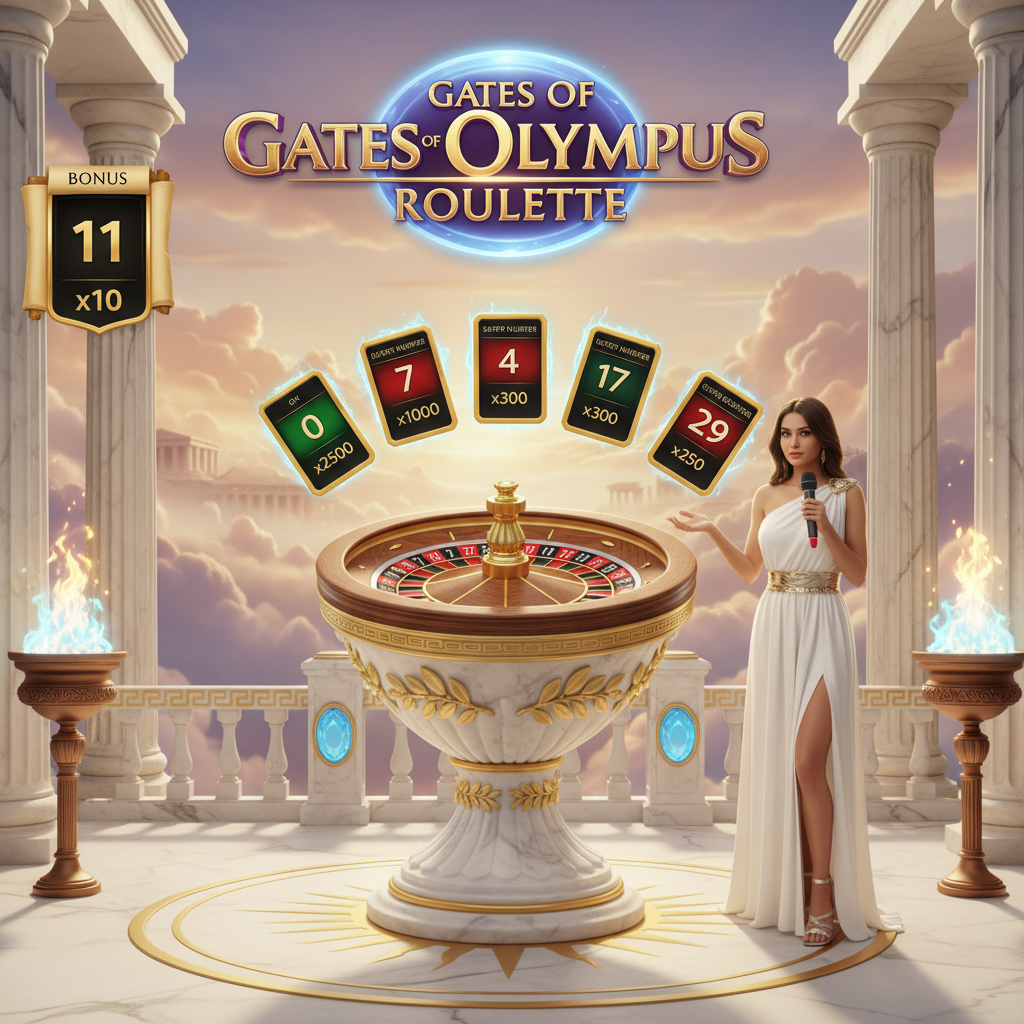 Gates of Olympus Roulette - Live-rulettipyörä valkoisella marmorijalustalla, taustalla Olympoksen temppeli pilvien yllä, kuvassa Zeus-teemainen studio ja kultaiset koristeet
