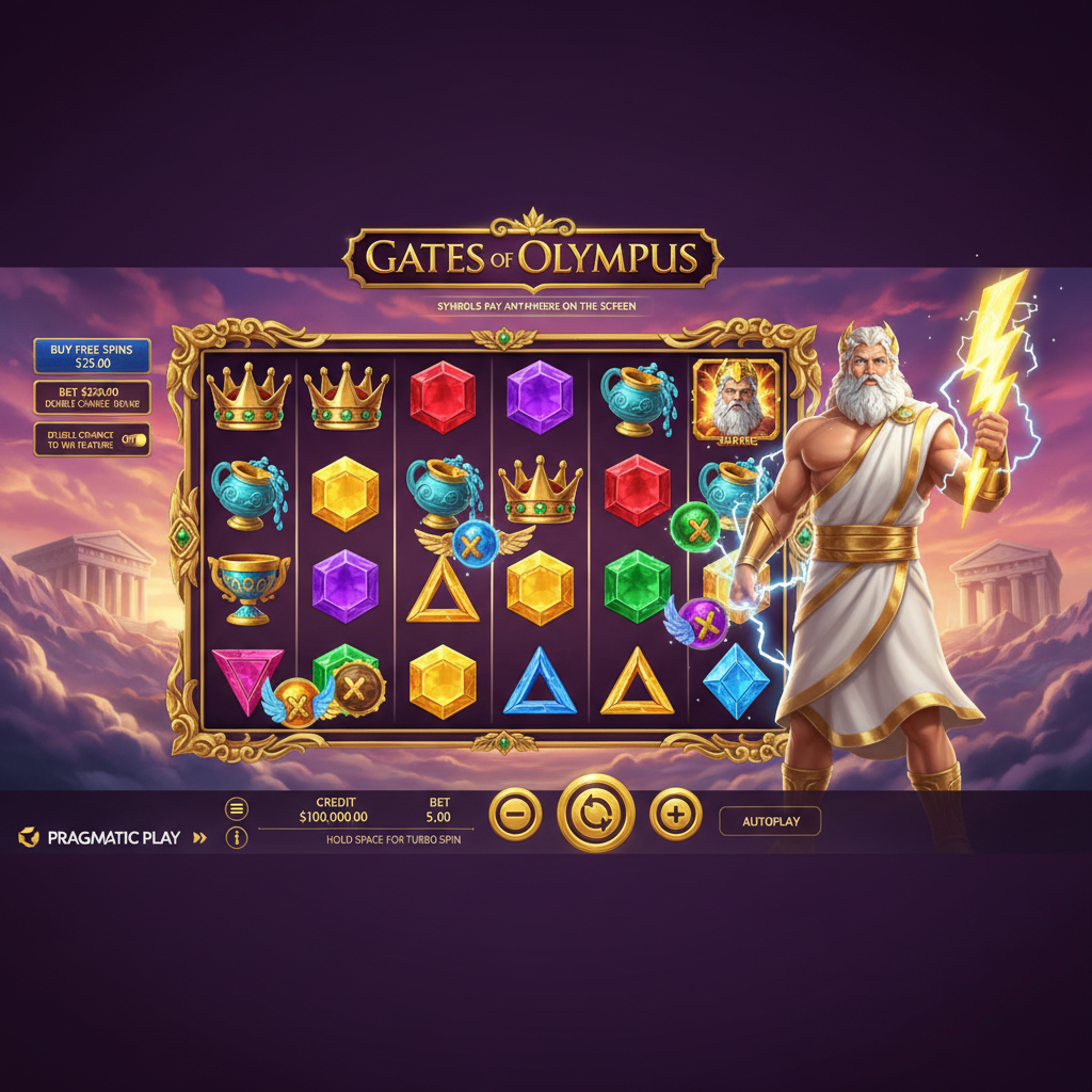 Gates of Olympus slot game featuring Zeus holding lightning bolts on his golden throne with purple clouds, divine symbols including crown, chalice, and colourful gemstones against ancient Greek temple backdrop