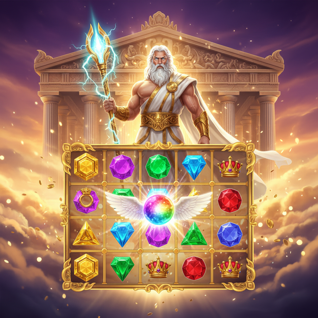 Gates of Olympus 1000 slot game showing Zeus with golden temple background, divine multiplier orbs, scatter symbols, and 6x5 reel grid with glowing gems and crowns