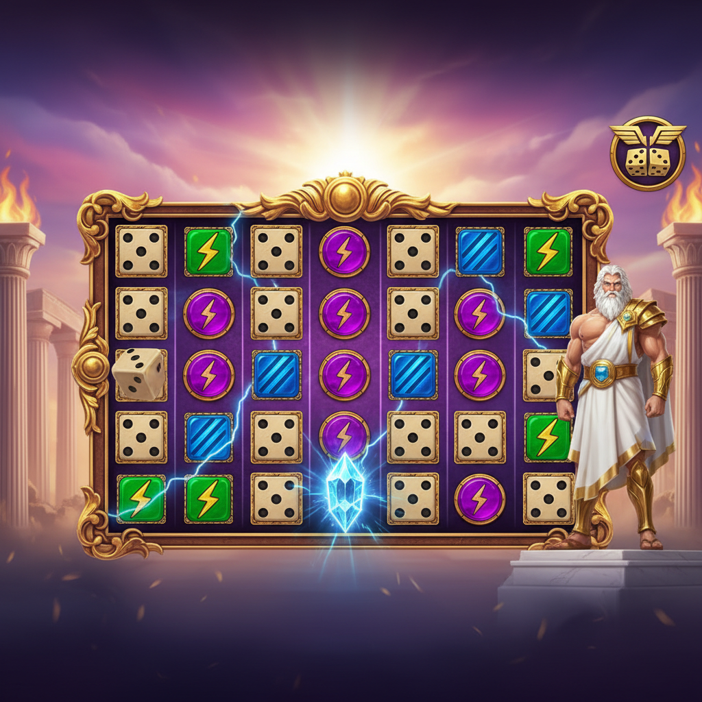 Gates of Olympus Dice Slot mit Zeus, goldenem Tempel, elektrischen Blitz-Effekten und bunten Multiplikator-Symbolen auf 6x5 Walzen