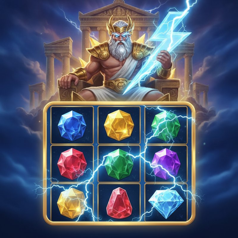 Gates of Olympus Pachi slot game featuring Zeus with glowing blue eyes, golden laurel crown, white flowing beard, standing beside a 3x3 grid of gemstone symbols including crown, hourglass, ring, and chalice against a purple backdrop with Greek temple columns and sunset sky