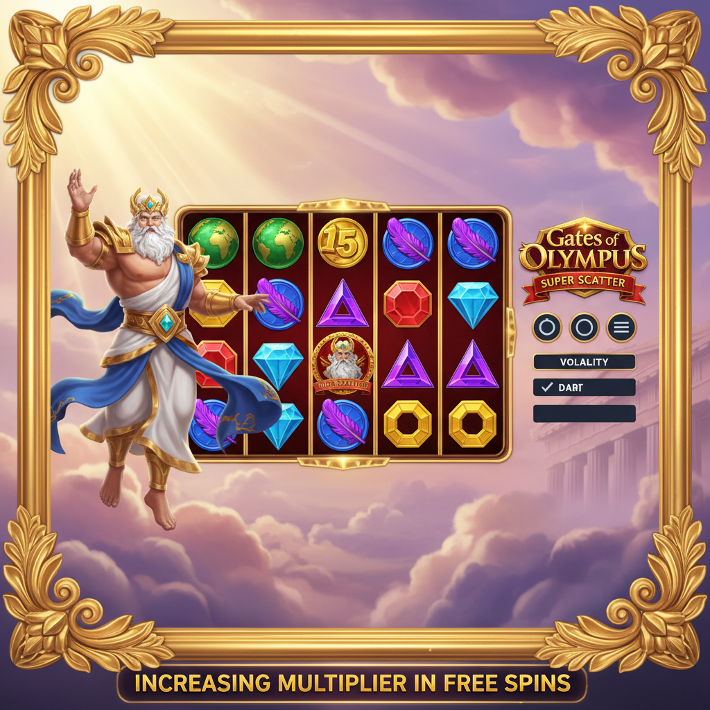 Gates of Olympus SUPER SCATTER - Zeus pe nori divini cu templu auriu, simboluri scatter și multiplicatori în jocul de slot Pragmatic Play