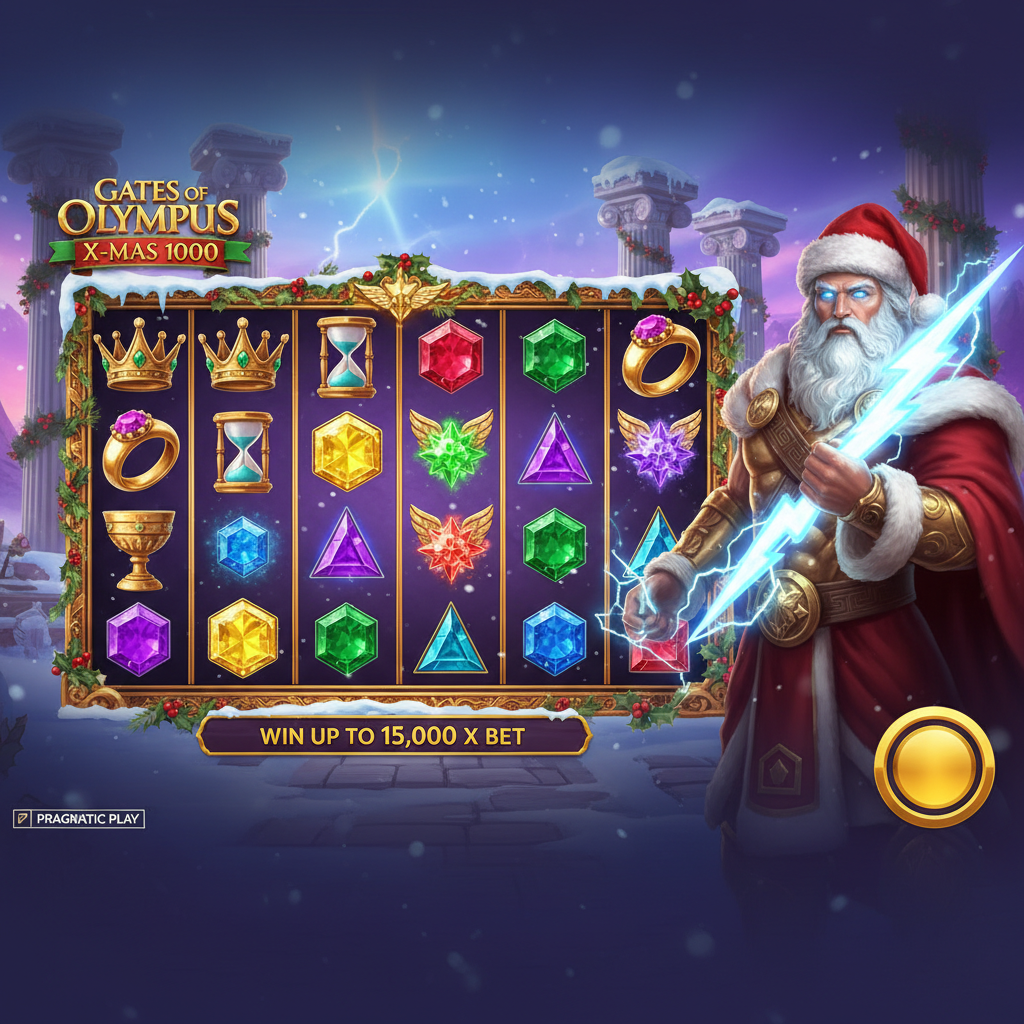 Gates of Olympus X-Mas 1000: Zeus vestido de Papá Noel con capa roja y rayo brillante frente a templo griego nevado con columnas, slot de Pragmatic Play con tema navideño