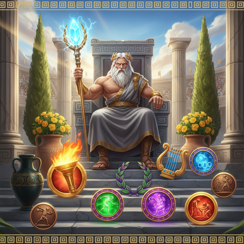 Games in Olympus slot showing Zeus on throne with glowing multiplier orbs, golden Olympic torch, and marble Greek columns in background